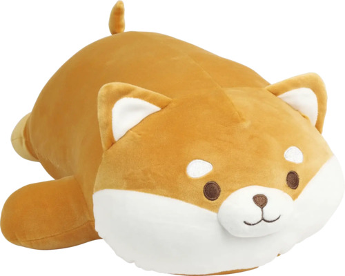 Gosedjur Shiba Inu liggande, mjukt mjukisdjur hund i brunt och vitt.