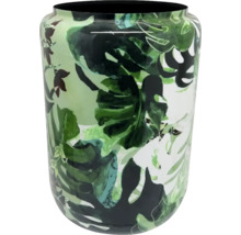 Cylindrisk glasvas prydd med motiv av gröna monstera-blad.
