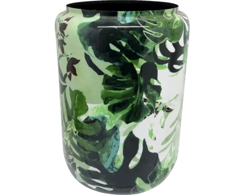 Cylindrisk glasvas prydd med motiv av gröna monstera-blad.