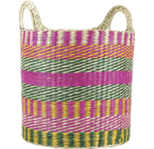 Flätad förvaringskorg med handtag, randig i rosa, grönt och gult, av naturfiber.