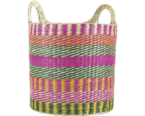 Flätad förvaringskorg med handtag, randig i rosa, grönt och gult, av naturfiber.