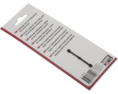 Baksidan av förpackningen för Cargo Point halvrunda slutkapslar 2-pack för aluminium spårskena med Cargo Point Logo.