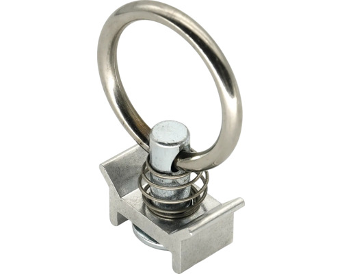 Surrningsfäste för skenor med ring i metall, fjäderbelastad för lastsäkring.