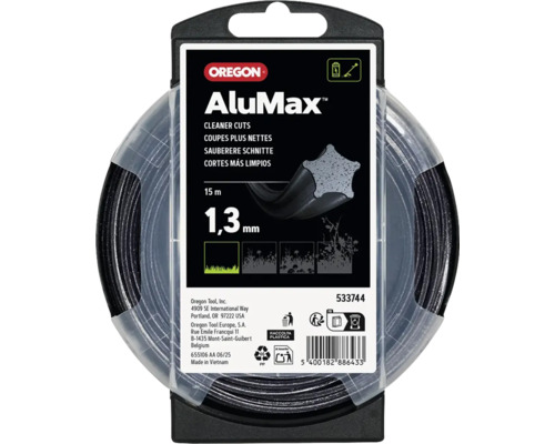Svart Oregon AluMax trimmerlina med stjärnformat tvärsnitt för röjsågar, längd 15 meter, diameter 1,3 millimeter.