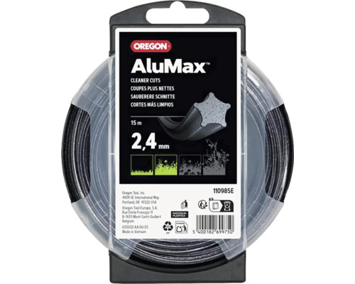 Oregon AluMax trimmertråd med en diameter på 2,4 millimeter och en längd på 15 meter, stjärnformad profil för rena snitt.