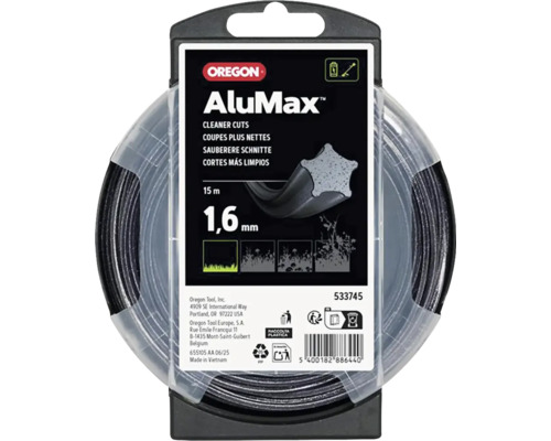 Oregon Logo, trimmertråd AluMax, 1,6 millimeter diameter, 15 meter längd, stjärnformad profil för rena snitt.