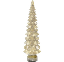 Dekorativ julgran av glas i guldfärg med LED-belysning.
