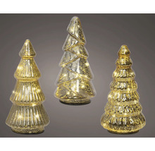 Tre dekorativa julgranar i glas med LED-belysning och olika ytstrukturer.