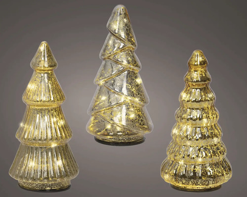 Tre dekorativa julgranar i glas med LED-belysning och olika ytstrukturer.