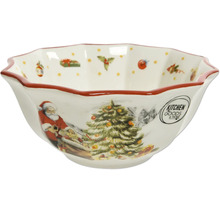 Keramikskål med julmotiv som jultomte och julgran, vågig kant, Kitchen Goods and More Logo.