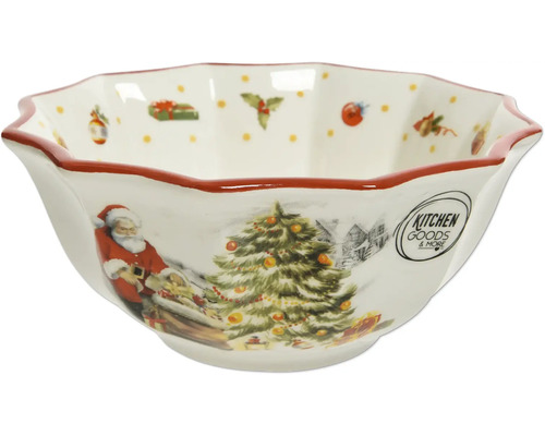 Keramikskål med julmotiv som jultomte och julgran, vågig kant, Kitchen Goods and More Logo.