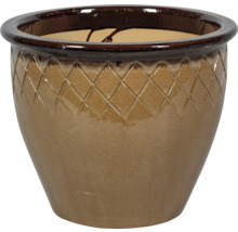 Glaserad keramikkruka med rutmönster på den övre kanten.