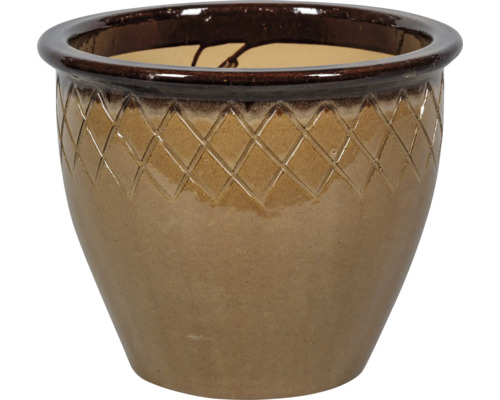 Glaserad keramikkruka med rutmönster på den övre kanten.