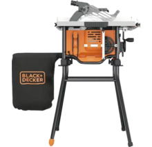 Black+Decker bordscirkelsåg med svart stativ och dammpåse.