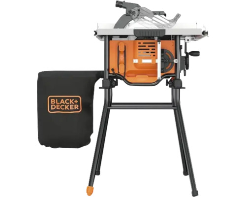 Black+Decker bordscirkelsåg med svart stativ och dammpåse.