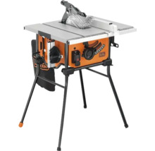 Orange Black Decker bordscirkelsåg med stativ, silverfärgat arbetsbord, parallellanslag och genomskinligt klingskydd.