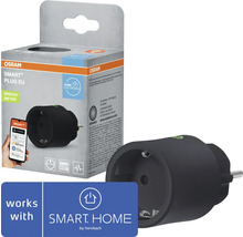 Svart Osram Smart+ Plug EU eluttag med energimätning, förpackning och logotyp Smart Home by Hornbach.