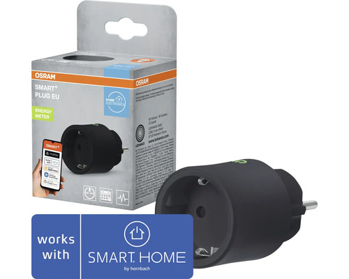 Svart Osram Smart+ Plug EU eluttag med energimätning, förpackning och logotyp Smart Home by Hornbach.