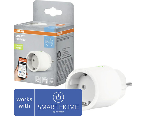 Osram Smart+ Plug EU med energimätare, kompatibel med SMART HOME by hornbach, inklusive produktförpackning.