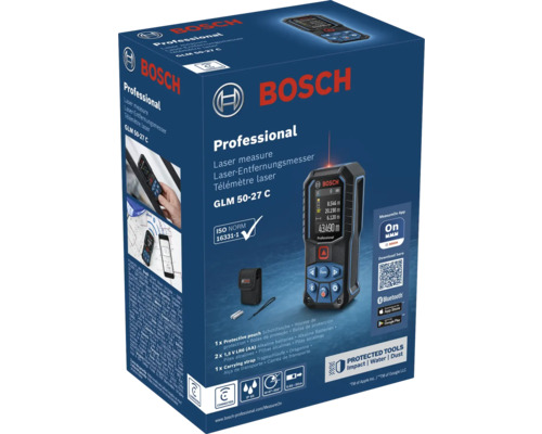 Bosch Professional laseravståndsmätare GLM 50-27 C i förpackning med Bluetooth, 50 Meter räckvidd, inklusive skyddsfodral och tillbehör.