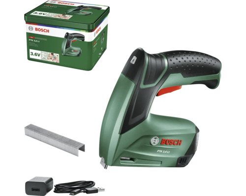 Bosch sladdlös häftpistol PTK 3,6 LI 3,6 volt, inklusive klamrar, laddare och förvaringslåda i metall.