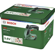 Bosch batteridriven häftpistol PTK 3,6 LI med 3,6 Volt i en metallbox.