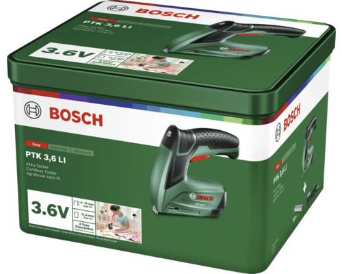 Bosch batteridriven häftpistol PTK 3,6 LI med 3,6 Volt i en metallbox.