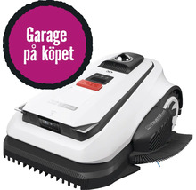 Robotgräsklippare i vitt och svart med integrerad kantklippningsfunktion och garage ingår vid köp.