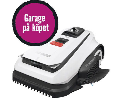 Robotgräsklippare i vitt och svart med integrerad kantklippningsfunktion och garage ingår vid köp.