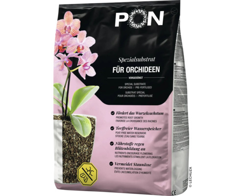 Lechuza-PON specialsubstrat för orkidéer, förgödslat, torvfritt, främjar rottillväxt och blomning.