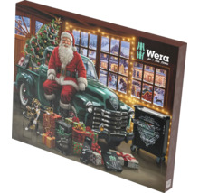 Wera adventskalender med 24 luckor, motiv med jultomten på en grön pickup, verktygsvagn och presenter.