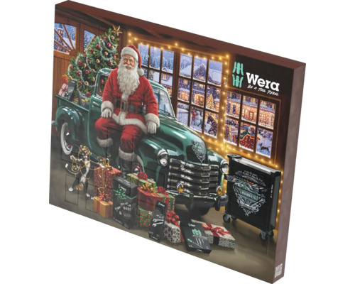 Wera adventskalender med 24 luckor, motiv med jultomten på en grön pickup, verktygsvagn och presenter.