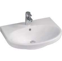 Tvättställ i vit keramik med förkromad blandare, bräddavlopp och bottenventil.