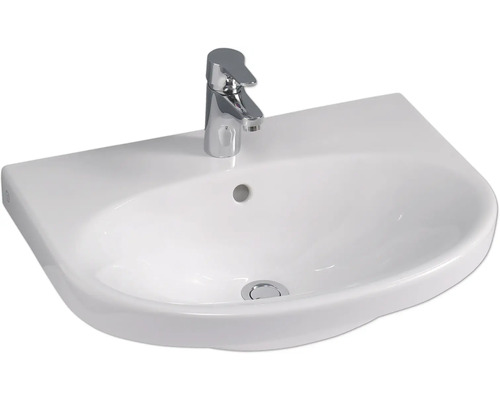 Tvättställ i vit keramik med förkromad blandare, bräddavlopp och bottenventil.