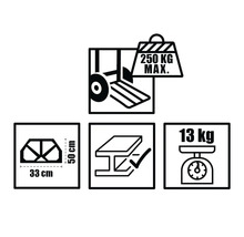 Tekniska specifikationer: maximal belastning 250 kilogram, mått 33 gånger 50 centimeter, materialtestad och egenvikt 13 kilogram.