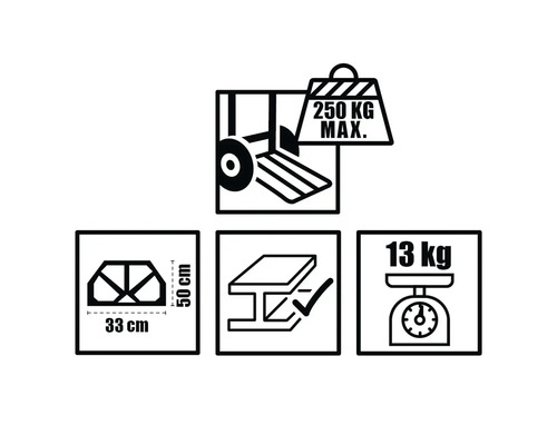 Tekniska specifikationer: maximal belastning 250 kilogram, mått 33 gånger 50 centimeter, materialtestad och egenvikt 13 kilogram.