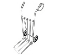 Magasinkärra i metall med två hjul och handtag.