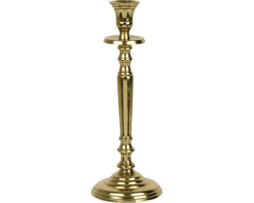 Klassisk ljusstake av metall i guldfärg med rund fot.