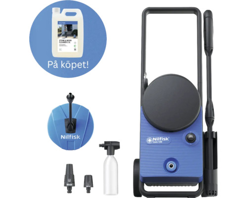 Nilfisk högtryckstvätt Core 130 med altantvätt, spolrör, två munstycken, skumspruta och 2,5 liter rengöringsmedel.