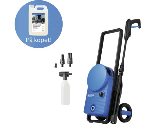 Nilfisk högtryckstvätt med spolhandtag, två munstycken, skummunstycke och 2,5 liter sten- och trärengöring på köpet.