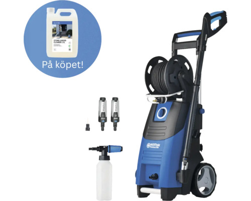 Nilfisk högtryckstvätt Premium 200 med tillbehör som munstycken, skumspruta och Nilfisk sten- och trärent på köpet.