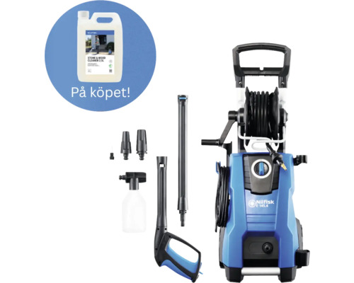 Nilfisk högtryckstvätt E 145.4 inklusive tillbehör och 2,5 liter sten- och trärengöring på köpet.