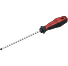 Pattfield spårskruvmejsel med svart-rött ergonomiskt handtag och silverfärgad stålklinga.