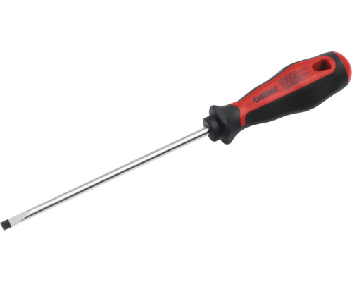 Pattfield spårskruvmejsel med svart-rött ergonomiskt handtag och silverfärgad stålklinga.