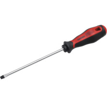 Pattfield spårskruvmejsel med ergonomiskt handtag i svart och rött och långt stålskaft.
