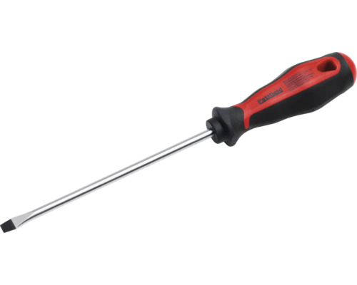 Pattfield spårskruvmejsel med ergonomiskt handtag i svart och rött och långt stålskaft.