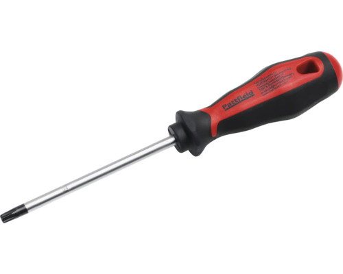 Pattfield Torx-skruvmejsel med ergonomiskt röd-svart grepp och stålskaft.