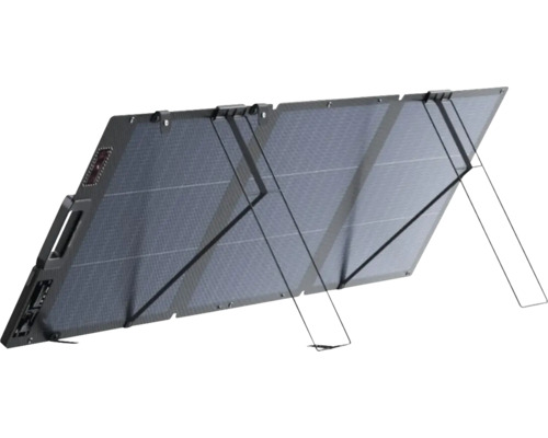 Vikbar solpanel med fyra segment och integrerade stativ för optimal placering.