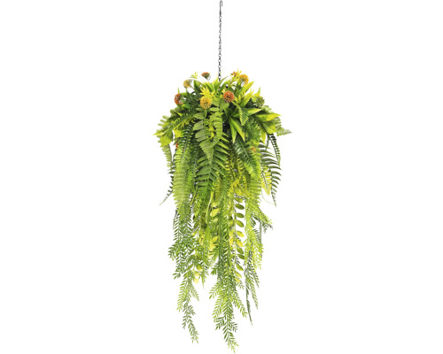 Konstgjord hängväxt med gröna ormbunksblad och orange blommor på en metallkedja med krok.