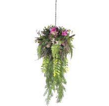 Konstgjord hängväxt med rosa blommor, ormbunkar och gröna rankor på en svart metallkedja.